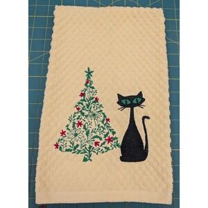 Retro Vintage Christmas Atomic Cat Mid Century Modern Kitchen Tea Towel Yellow